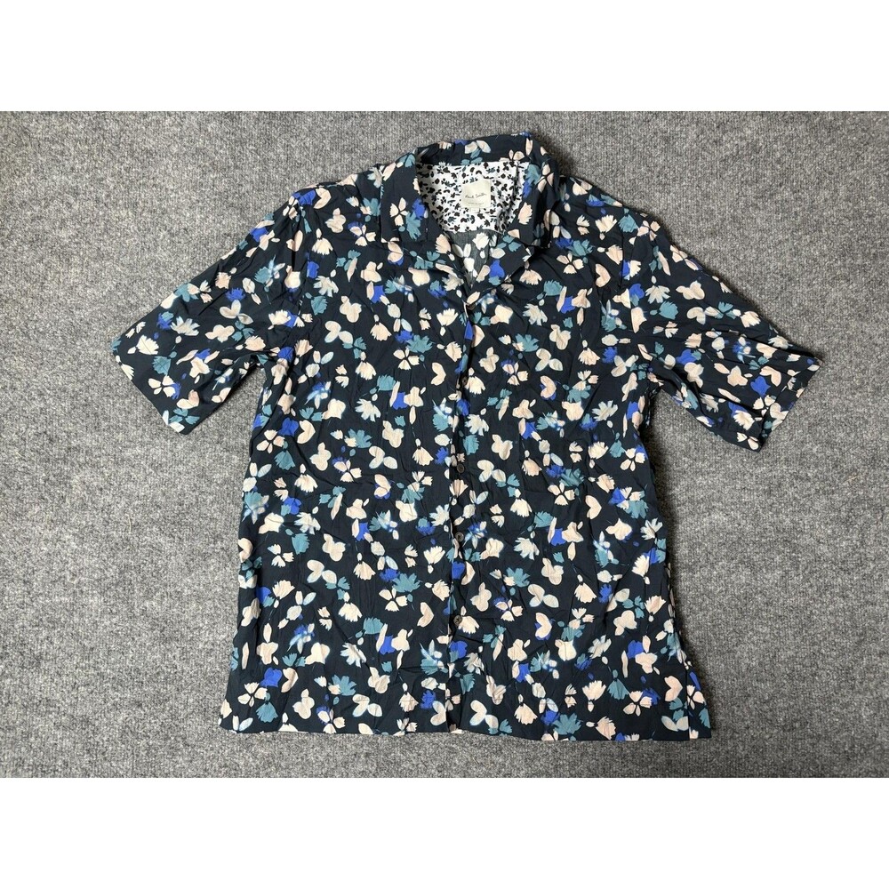 Paul Smith Shirt Mens L Blue Short Sleeve Floral Button-Up Cotton Made In Italy